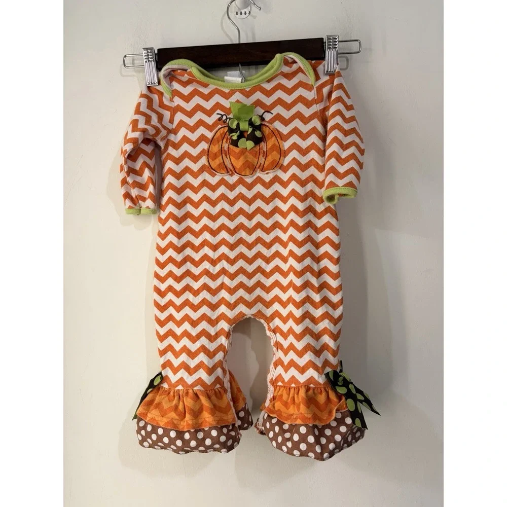 Boutique Baby Pumpkin Romper 6-9M Orange Chevron Halloween Fall Ruffle